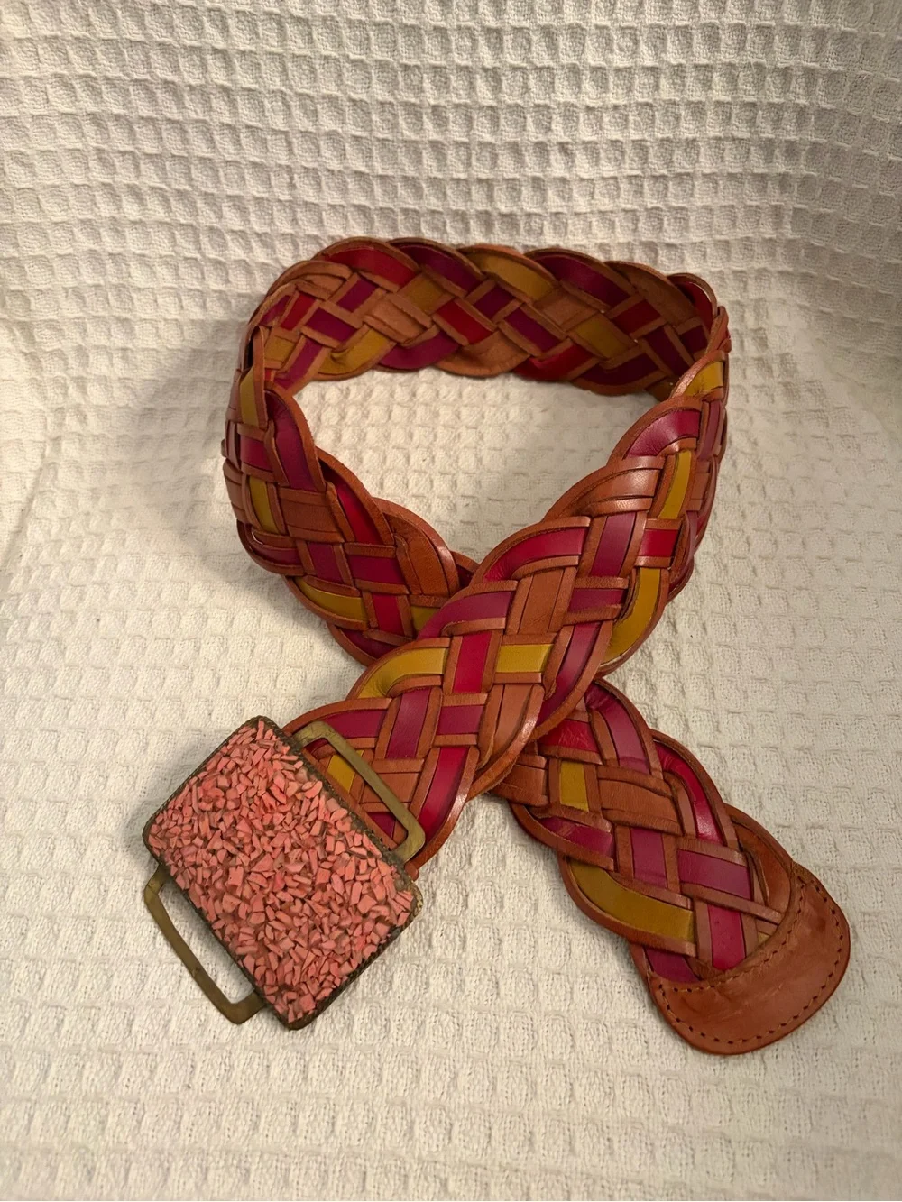 Motif 56 Wide Woven Leather Belt with Wide Stone Chip Buckle Size Medium